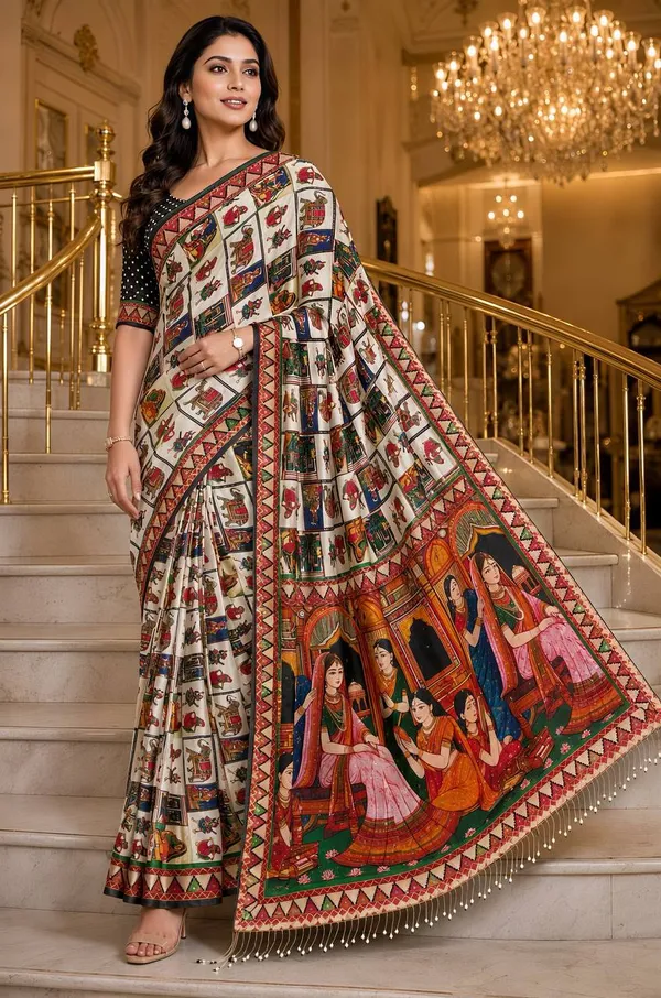 Cream_Multicolor_Modal_Crepe_Silk_Printed_Saree_For_Women