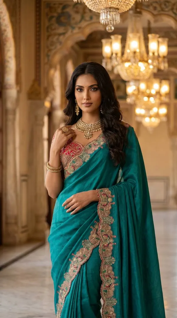 Teal_Satin_Silk_Embroidered_Saree_For_Women