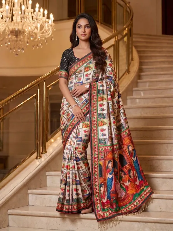 Cream_Multicolor_Modal_Crepe_Silk_Printed_Saree_For_Women