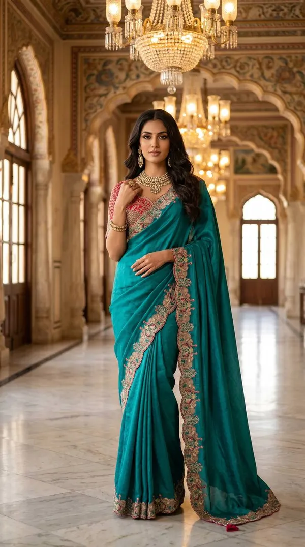 Teal_Satin_Silk_Embroidered_Saree_For_Women