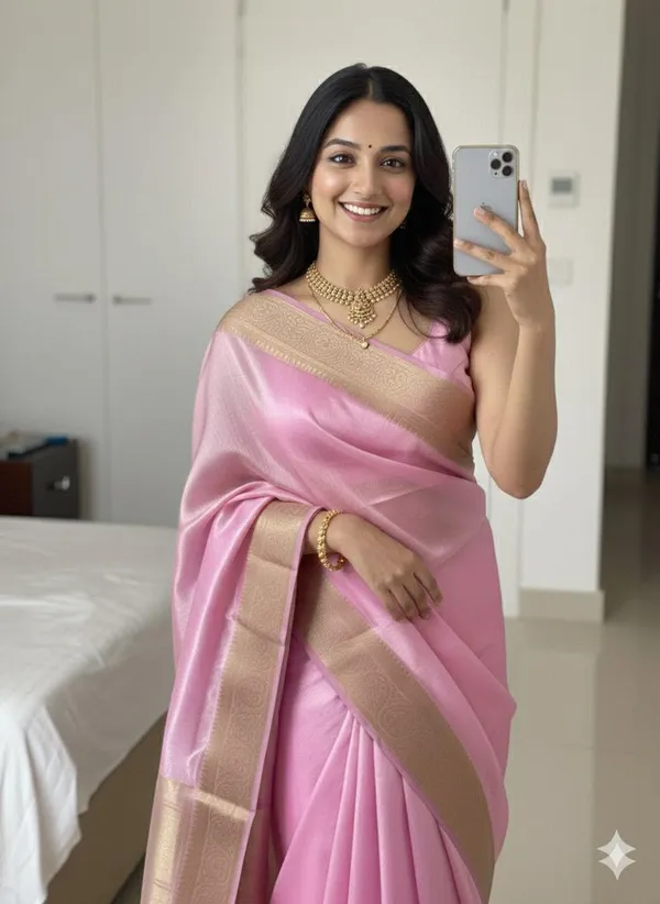 Pink_Soft_Shine_Space_Silk_Zari_Border_Saree_For_Women