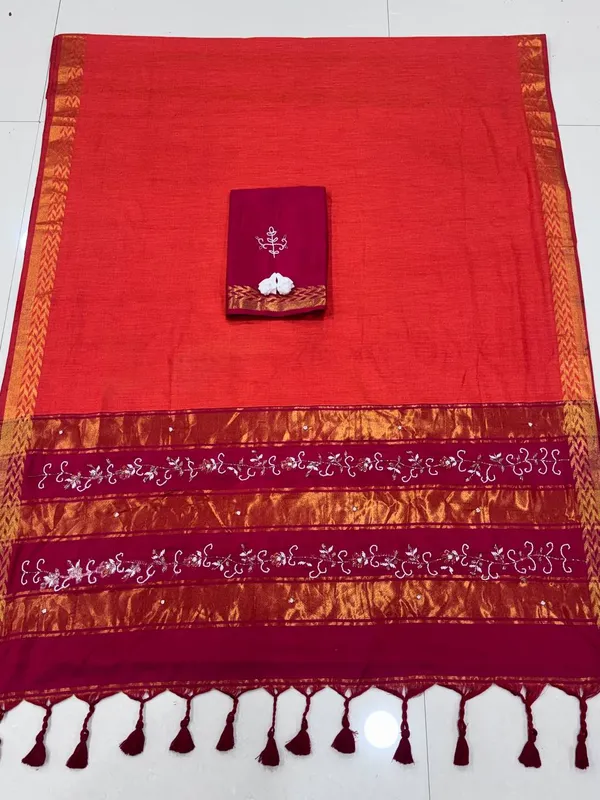 Red_Cotton_Silk_Woven_Border_Saree_For_Women