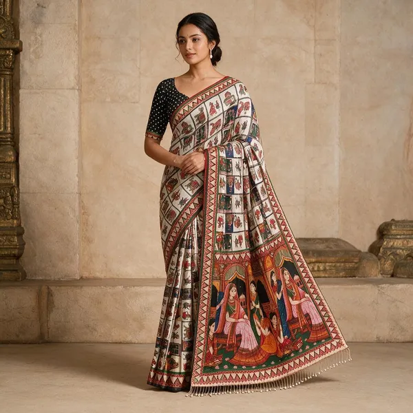 Cream_Multicolor_Modal_Crepe_Silk_Printed_Saree_For_Women