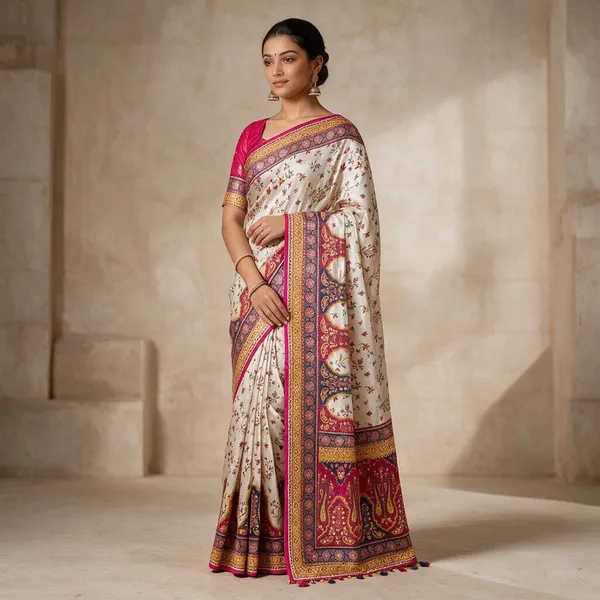 Cream_Modal_Satin_Crepe_Silk_Floral_Print_Saree_For_Women