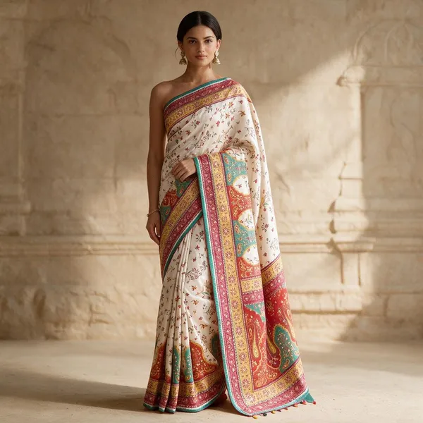Cream_Satin_Crepe_Silk_Floral_Print_Saree_For_Women