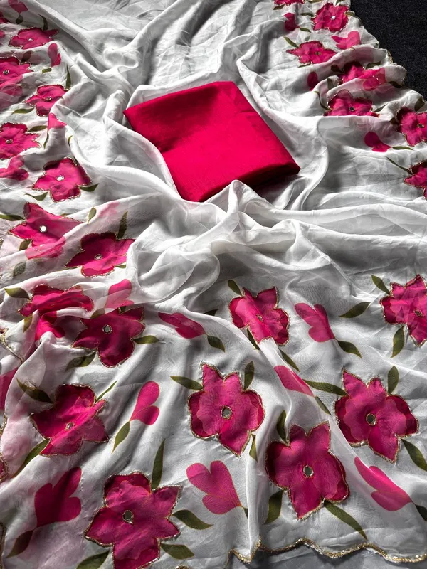 White_Organza_Floral_Saree_With_Red_Blouse_Piece