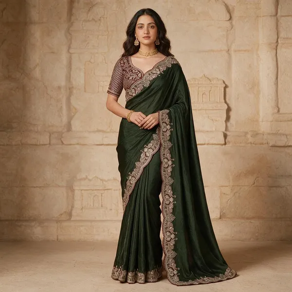 Dark_Green_Satin_Silk_Embroidered_Saree_For_Women
