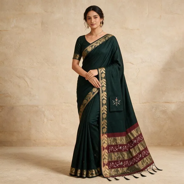 Dark_Green_Cotton_Silk_Traditional_Saree_For_Women