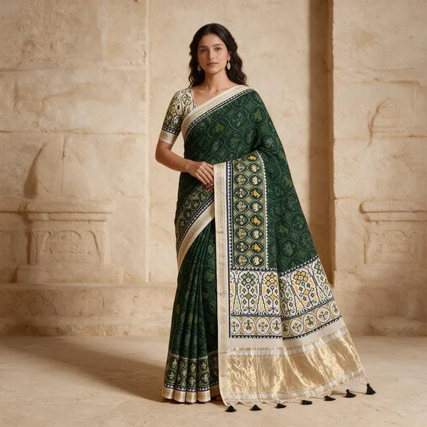 Green_Zari_Weaving_Tussar_Silk_Printed_Saree_For_Women