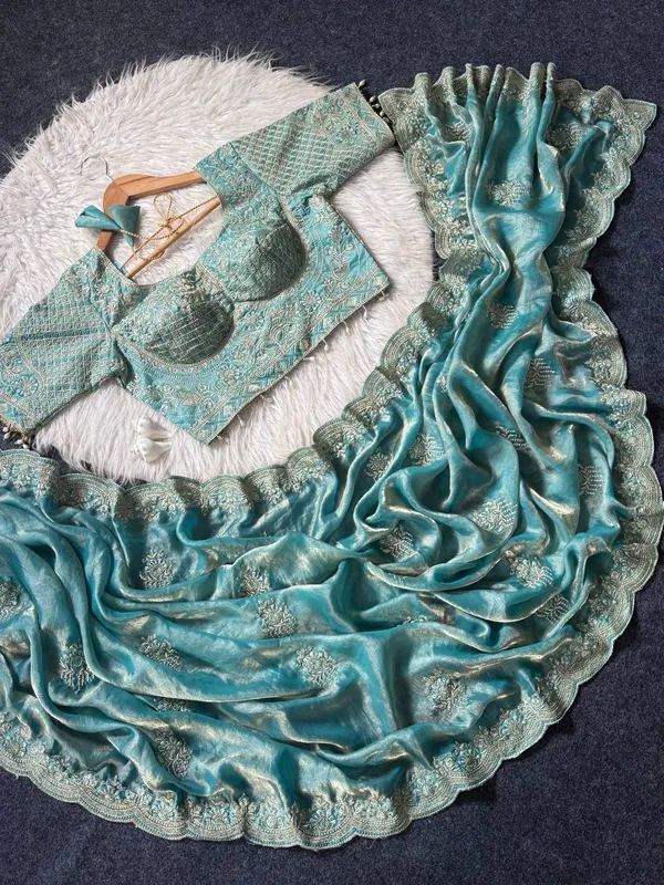 Teal_Satin_Silk_Embroidered_Saree_For_Women