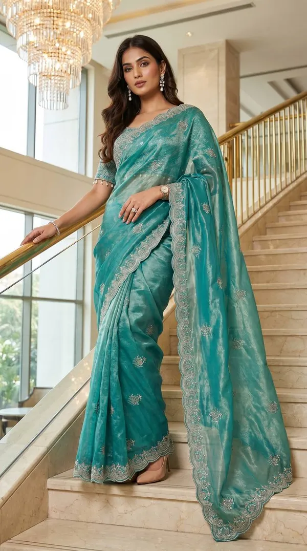 Teal_Satin_Silk_Embroidered_Saree_For_Women