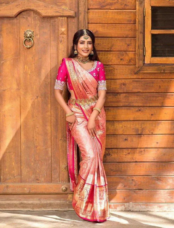 Peach_Lichi_Silk_Woven_Floral_Saree_For_Women