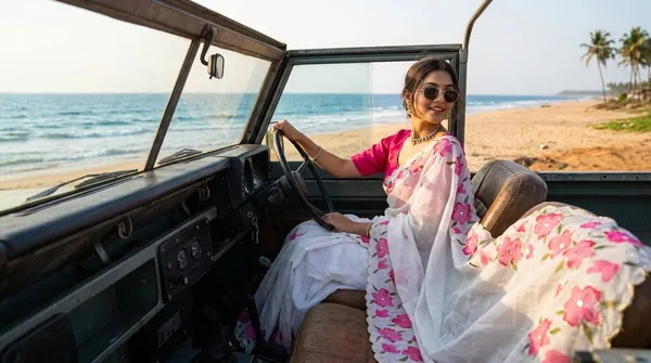 White_Organza_Floral_Saree_With_Red_Blouse_Piece