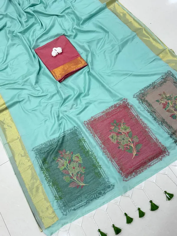 Turquoise_Handloom_Cotton_Printed_Saree_For_Women