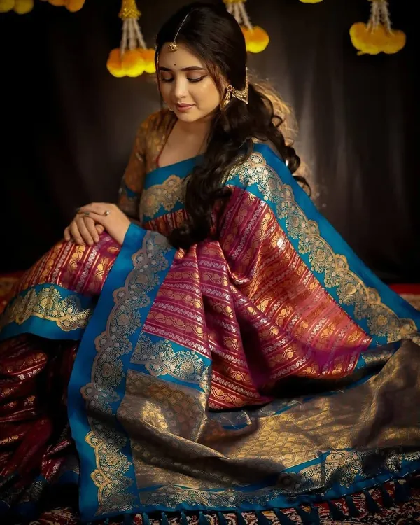Blue_&_Pink_Lichi_Silk_Printed_Saree_For_Women