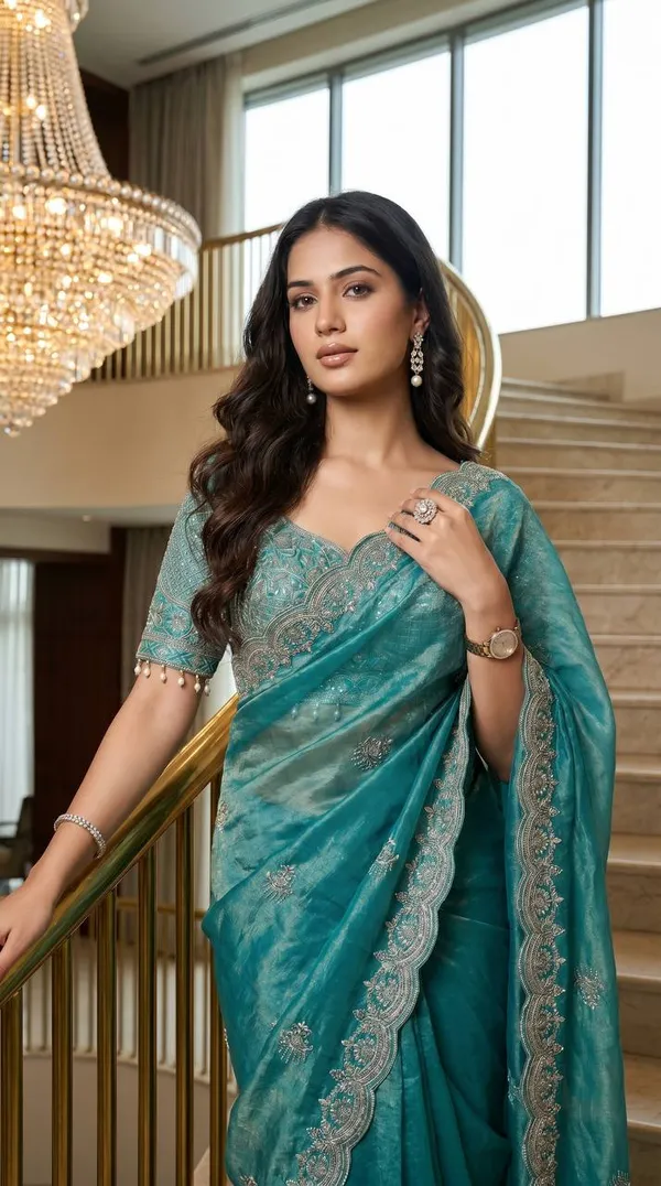 Teal_Satin_Silk_Embroidered_Saree_For_Women