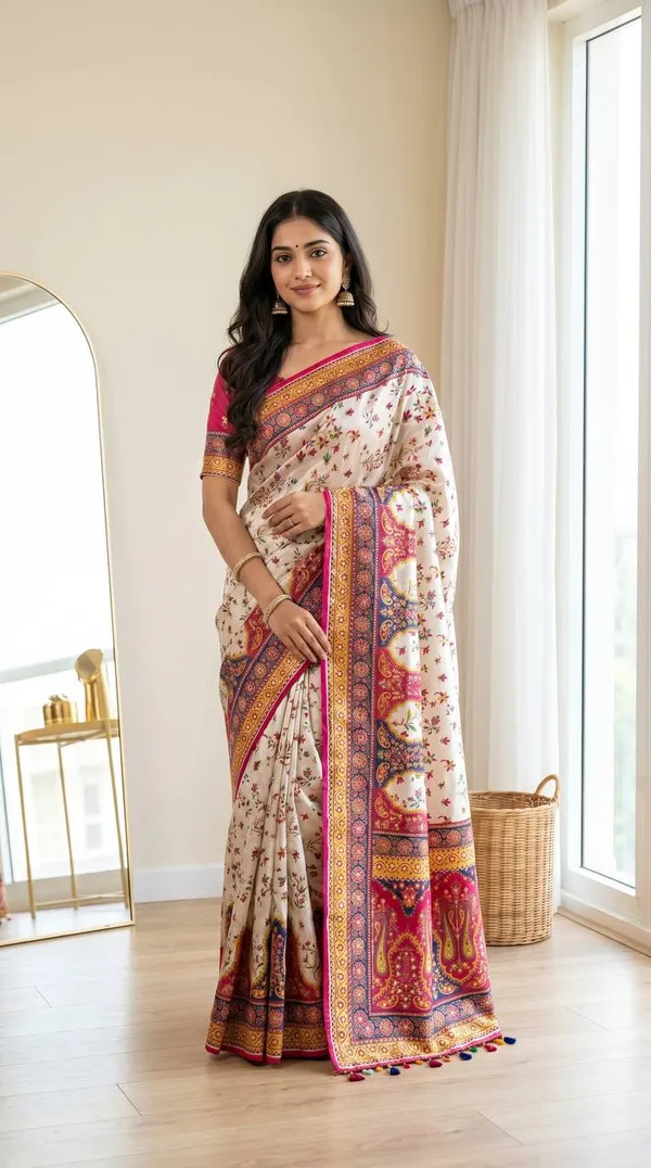 Cream_Modal_Satin_Crepe_Silk_Floral_Print_Saree_For_Women