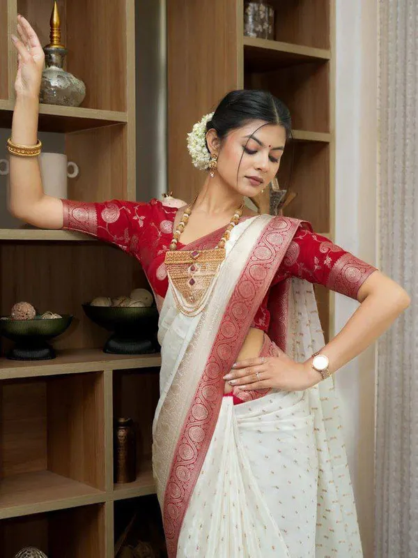 White_Lichi_Silk_Woven_Traditional_Saree_For_Women