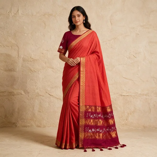Red_Cotton_Silk_Woven_Border_Saree_For_Women