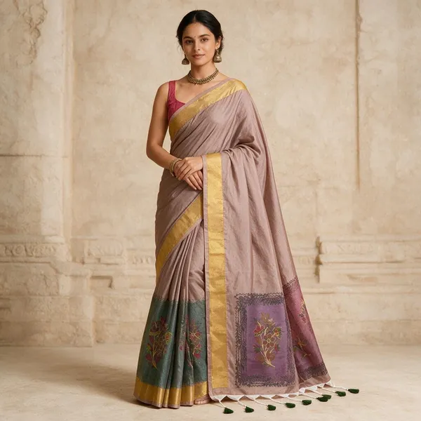 Taupe_Cotton_Floral_Border_Saree_For_Women