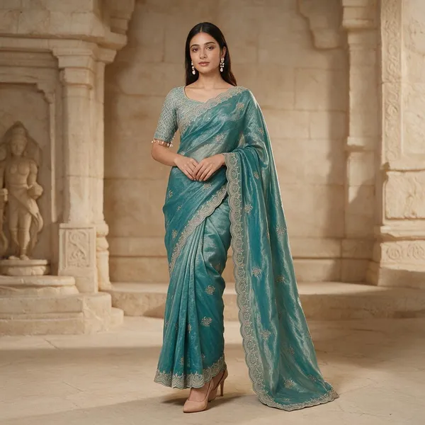 Teal_Satin_Silk_Embroidered_Saree_For_Women