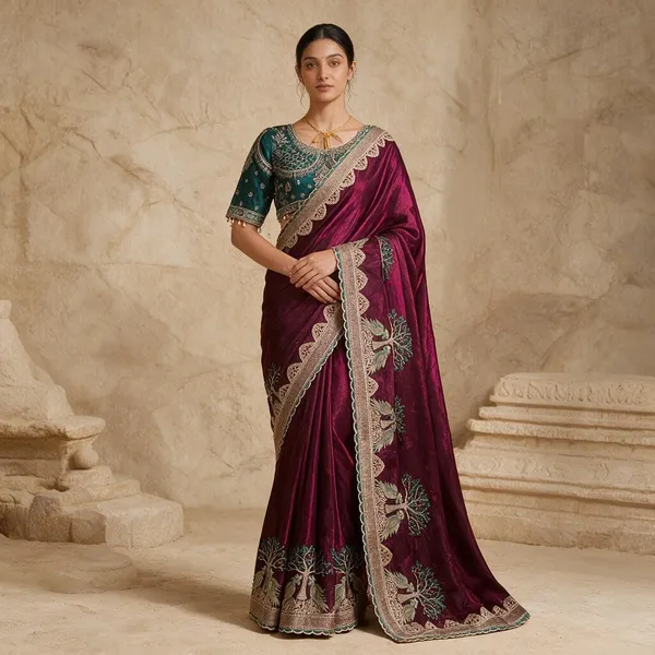 Teal_Satin_Silk_Embroidered_Saree_For_Women