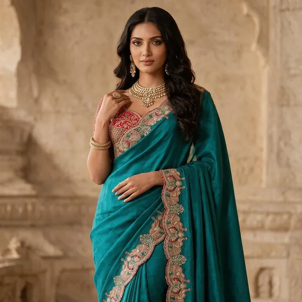Teal_Satin_Silk_Embroidered_Saree_For_Women