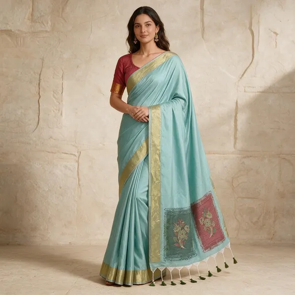 Turquoise_Handloom_Cotton_Printed_Saree_For_Women