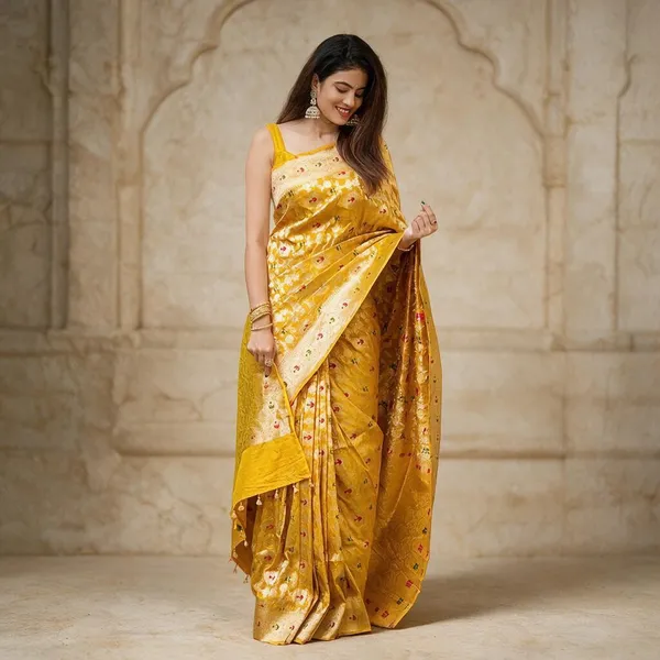 Yellow_Lichi_Silk_Floral_Woven_Saree_For_Women