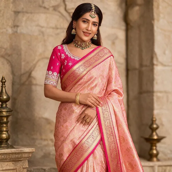 Peach_Lichi_Silk_Woven_Floral_Saree_For_Women
