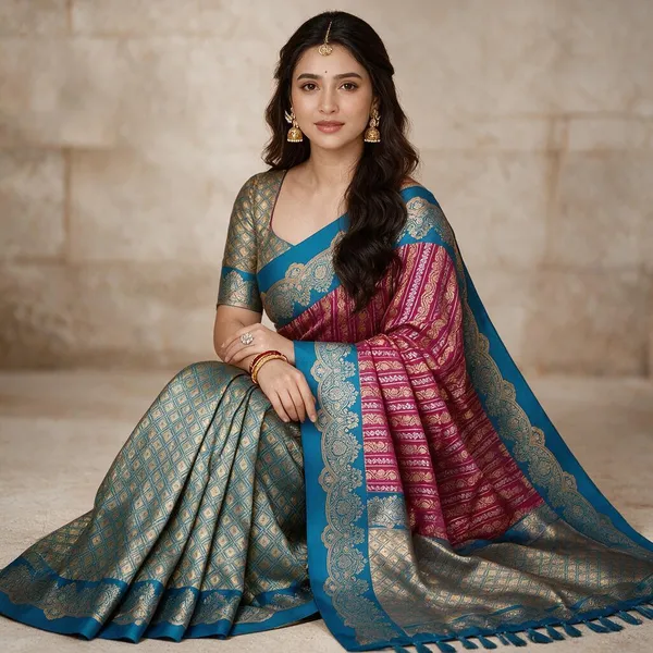 Blue_&_Pink_Lichi_Silk_Printed_Saree_For_Women