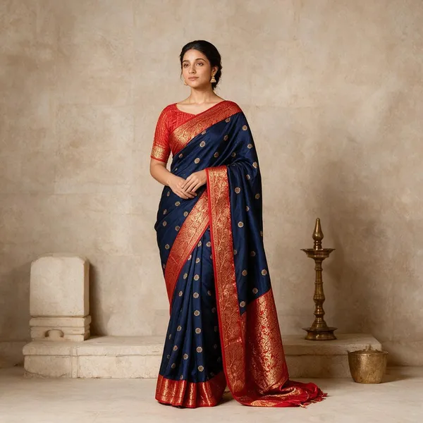 Navy_Blue_Lichi_Silk_Woven_Traditional_Saree_For_Women
