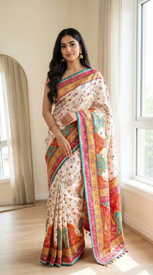 Cream_Satin_Crepe_Silk_Floral_Print_Saree_For_Women