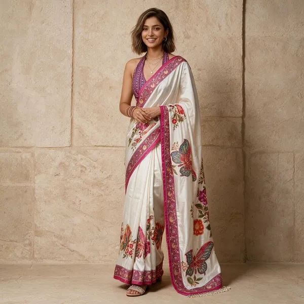 White_Modal_Crepe_Silk_Floral_Printed_Saree_For_Women