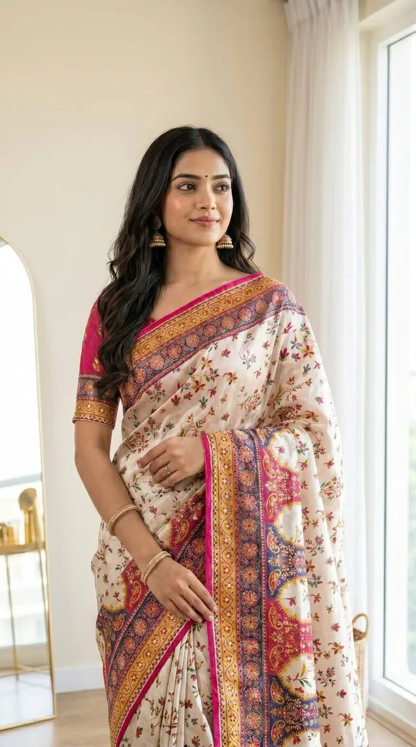 Cream_Modal_Satin_Crepe_Silk_Floral_Print_Saree_For_Women