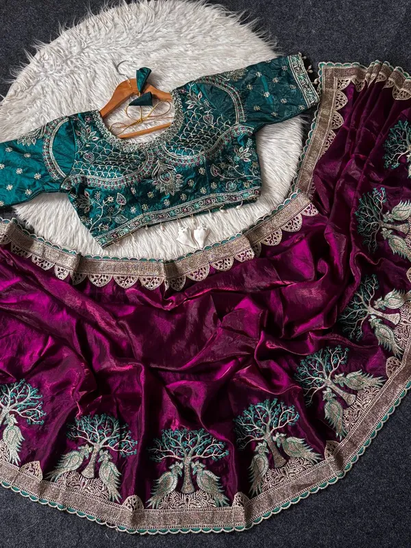 Teal_Satin_Silk_Embroidered_Saree_For_Women