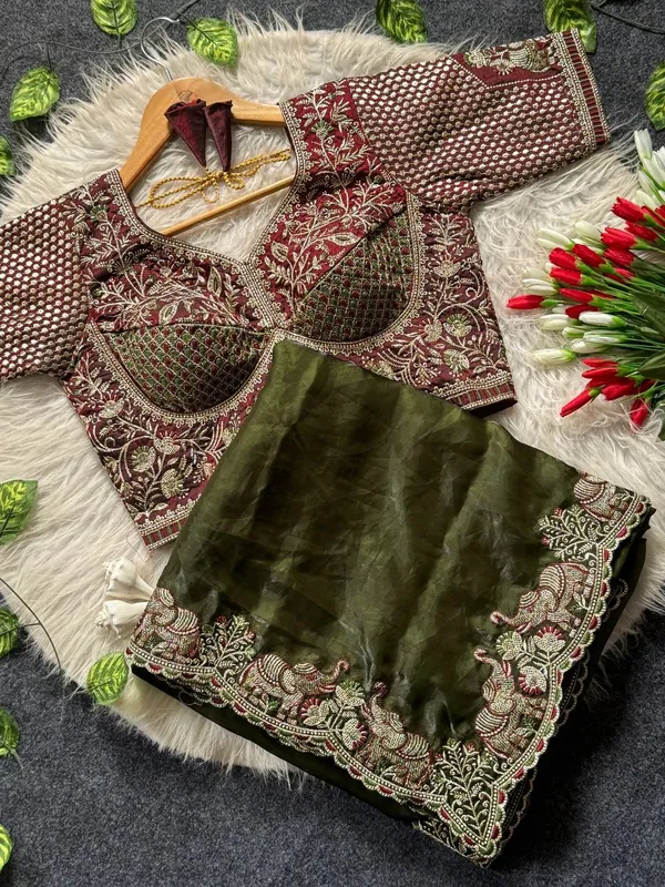 Dark_Green_Satin_Silk_Embroidered_Saree_For_Women