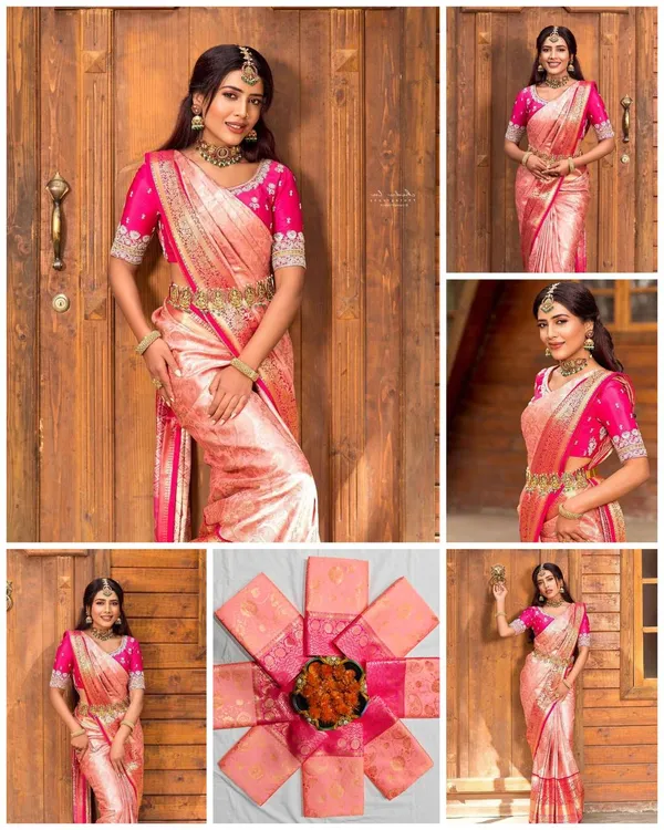 Peach_Lichi_Silk_Woven_Floral_Saree_For_Women