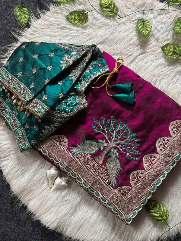 Teal_Satin_Silk_Embroidered_Saree_For_Women