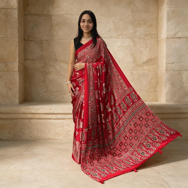 Red_Satin_Silk_Printed_Saree_For_Women