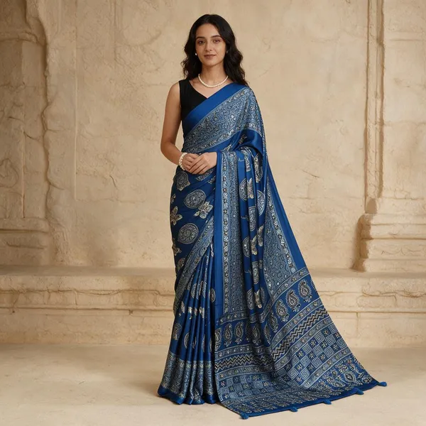 Blue_Satin_Silk_Printed_Saree_For_Women