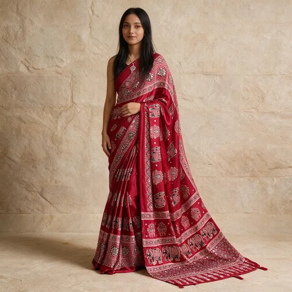 Red_Satin_Silk_Printed_Saree_For_Women