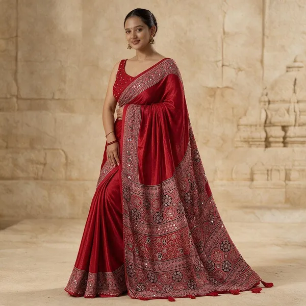 Red_Satin_Silk_Printed_Saree_For_Women