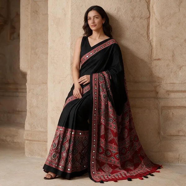 Red_Black_Satin_Silk_Mirror_Work_Printed_Saree_For_Women