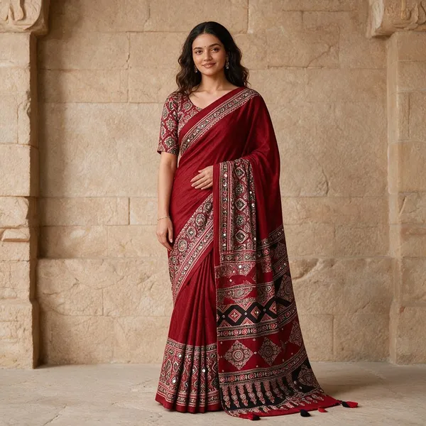 Red_Satin_Silk_Mirror_Work_Printed_Saree_For_Women