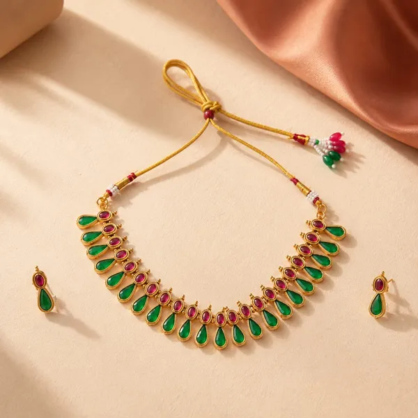 Gold_Tone_Green_And_Pink_Stone_Necklace_Set_For_Women