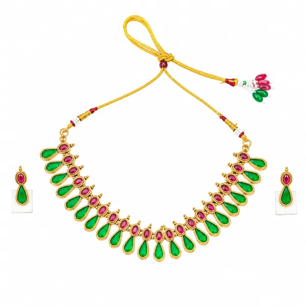 Gold_Tone_Green_And_Pink_Stone_Necklace_Set_For_Women
