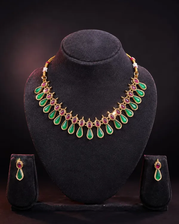 Gold_Tone_Green_And_Pink_Stone_Necklace_Set_For_Women