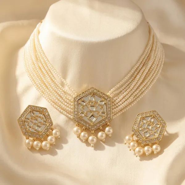 White_Pearl_Gold_Tone_Necklace_And_Earrings_Set_for_Women