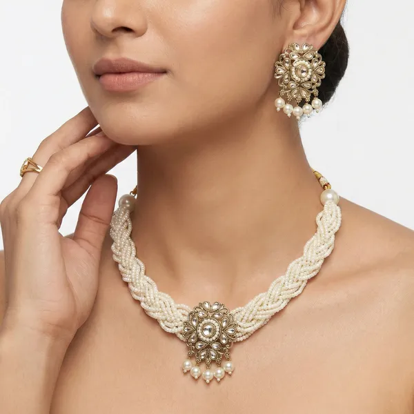 Gold_Tone_Beaded_Necklace_And_Earrings_Set_for_Women